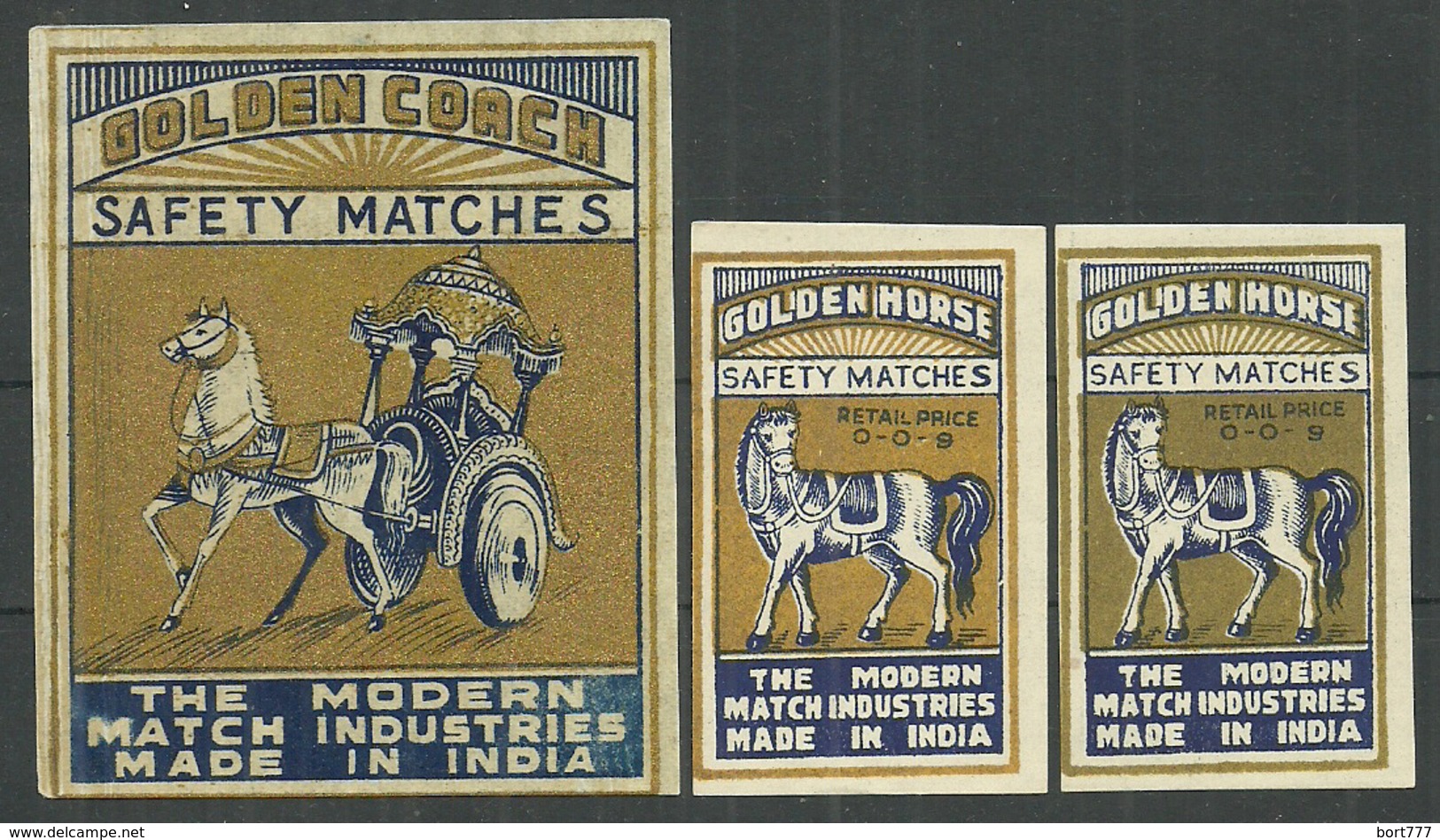 INDIA 3 Old Matchbox Labels - GOLDEN HORSE - Boites D'allumettes - Etiquettes