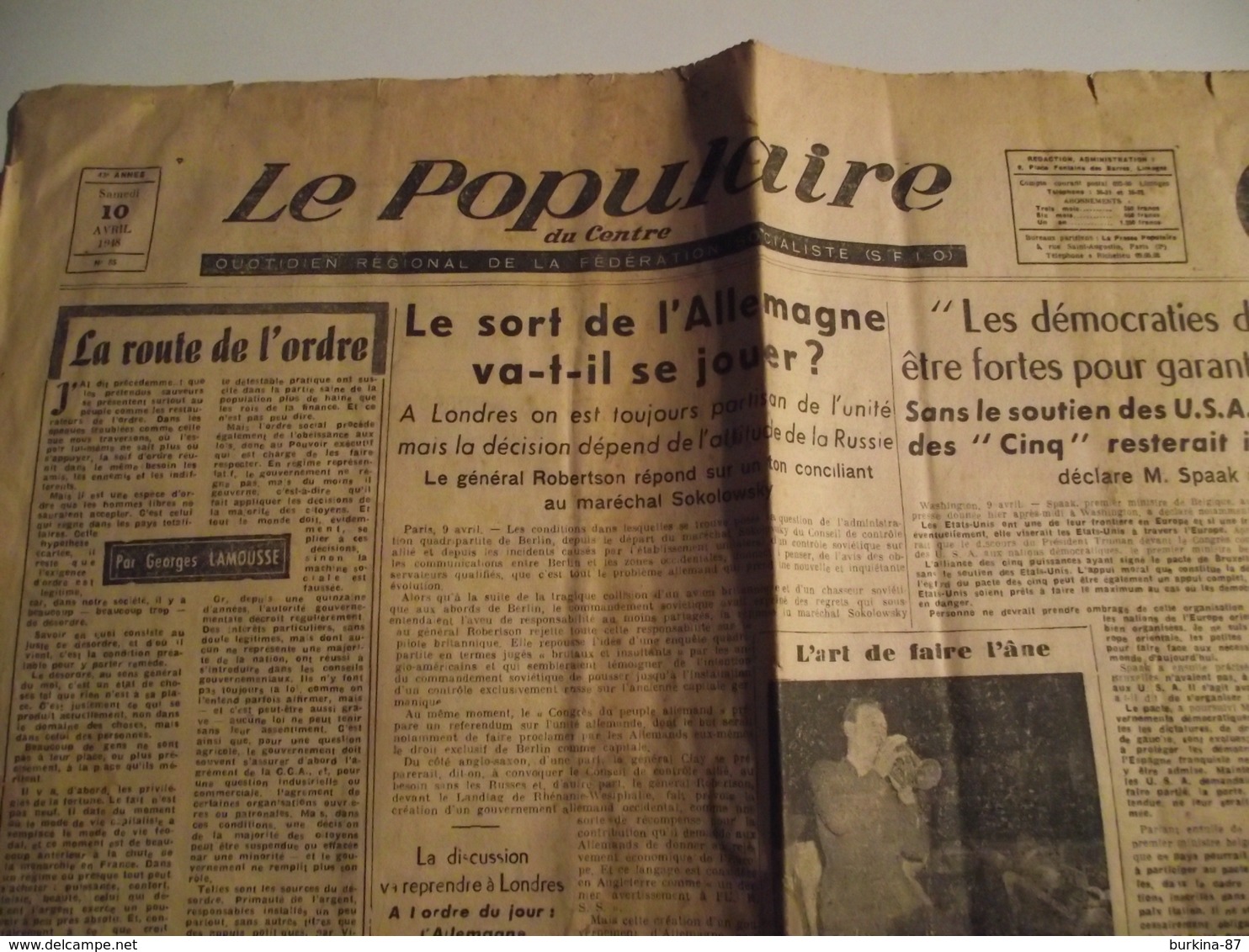 Le POPULAIRE DU CENTRE,  10 Avril 1948, Journal Quotidien Régional Socialiste SFIO - Sonstige & Ohne Zuordnung