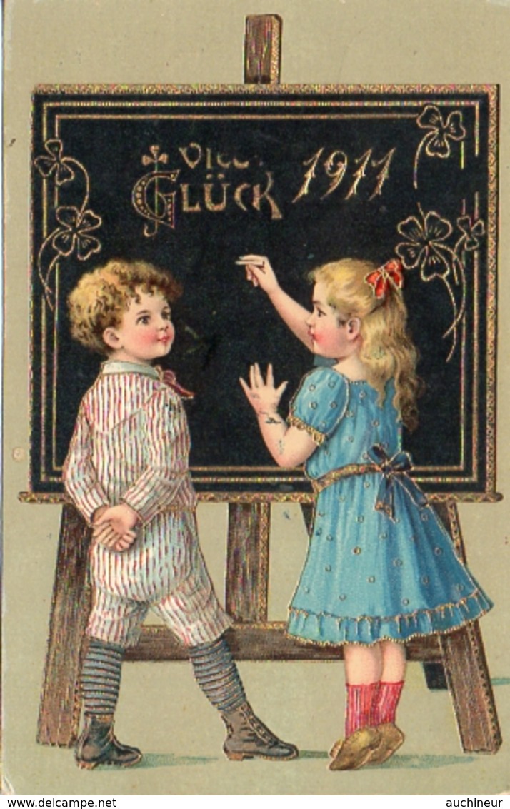 11 - Année Date Millesime - 1911 - 2 Enfants Au Tableau, Doré - Nouvel An