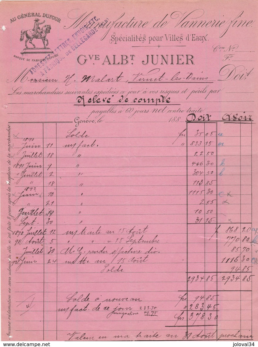 Suisse Facture Illustrée 1892 ALBERT JUNIER Au Général Dufour Vannerie Fine GENEVE   - Fente - Suisse