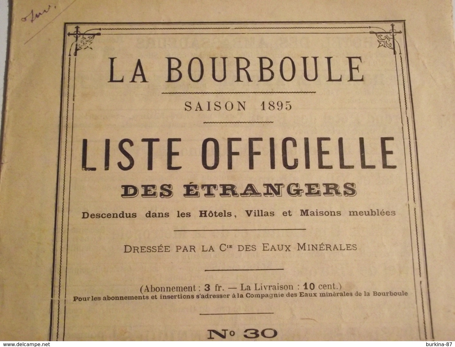 La BOURBOULE, Liste Officielle Des Étrangers, Logeant Dans Les Hotels ....1895 - Non Classés