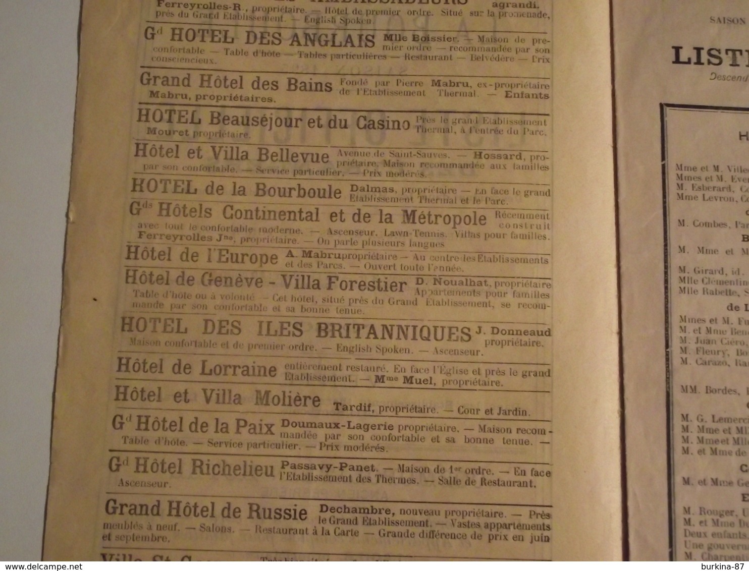 La BOURBOULE, Liste Officielle Des Étrangers, Logeant Dans Les Hotels ....1895 - Non Classés