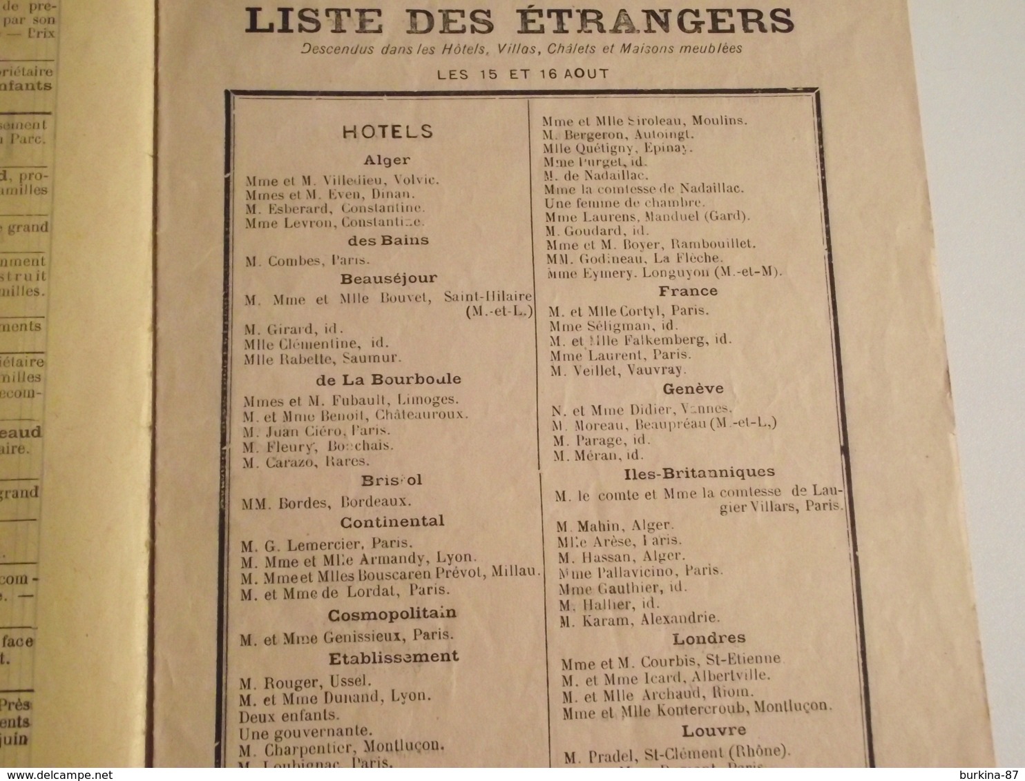 La BOURBOULE, Liste Officielle Des Étrangers, Logeant Dans Les Hotels ....1895 - Non Classés