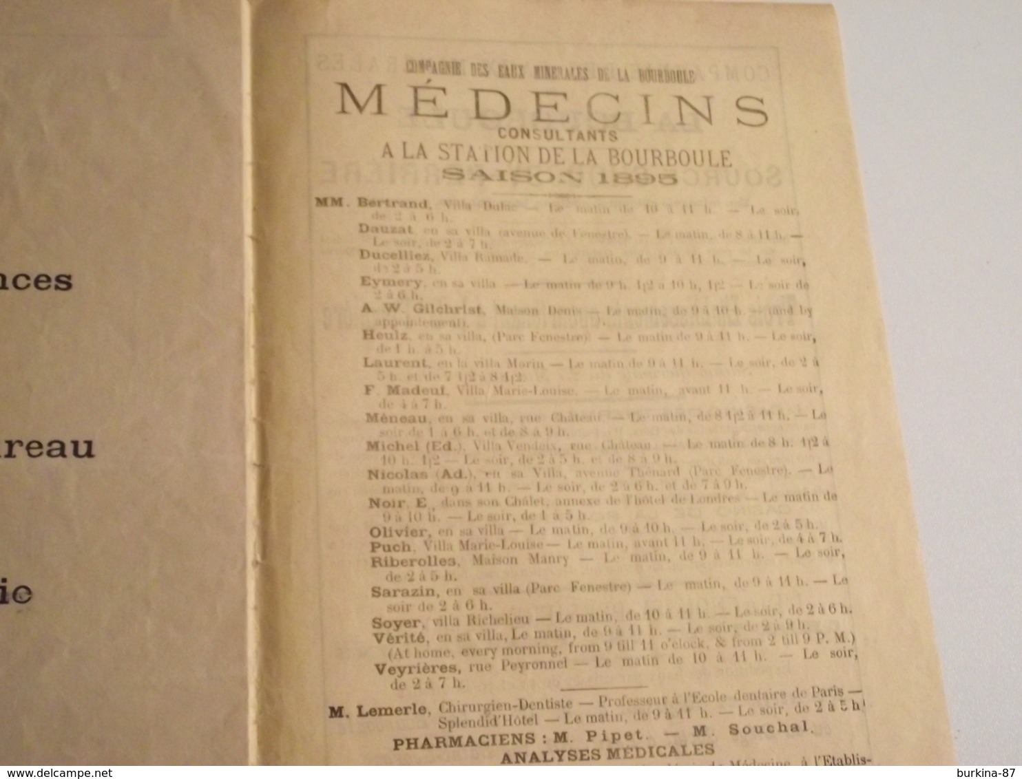 La BOURBOULE, Liste officielle des Étrangers, logeant dans les Hotels ....1895