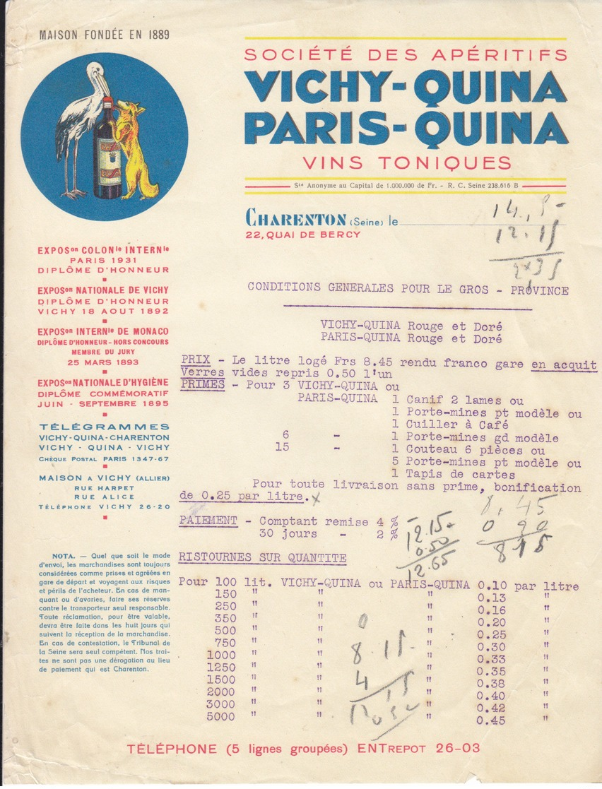 Vichy-Quina,Paris-Quina,apéritifs à Charenton , Val De Marne ,facture Illustrée Bouteille,cigogne Et Renard - 1900 – 1949