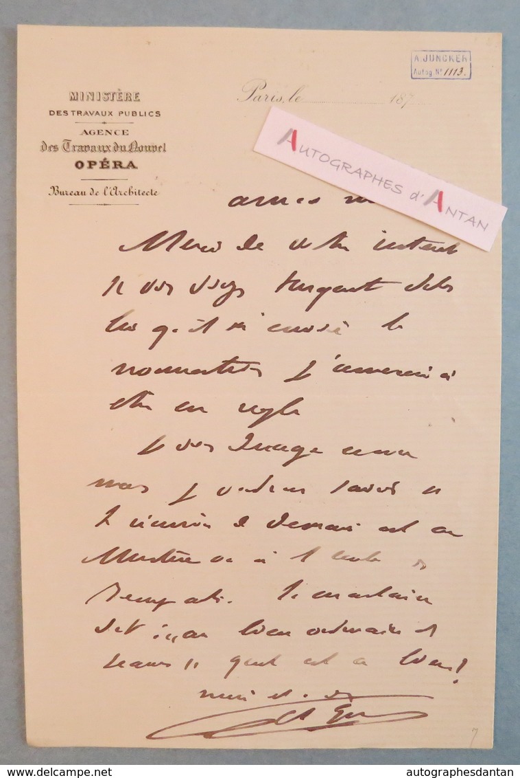 Charles GARNIER L.A.S Circa 1870 Célèbre Architecte Opéra De Paris - Cachet Collection Juncker Lettre Autographe LAS - Autres & Non Classés