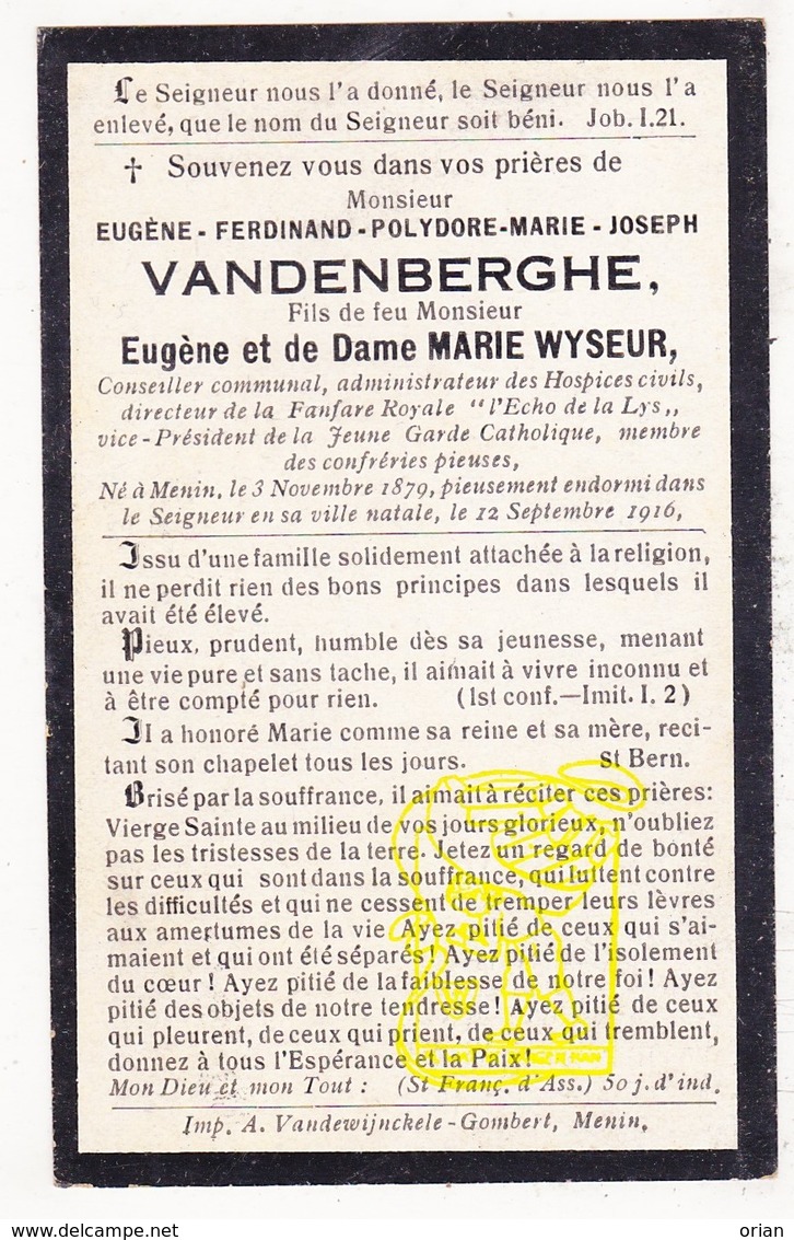 DP Gemeenteraadslid Eugène F. VandenBerghe / Wyseur ° Menen 1879 † 1916 / Directeur Fanfare Royale "L' Echo De La Lys" - Images Religieuses