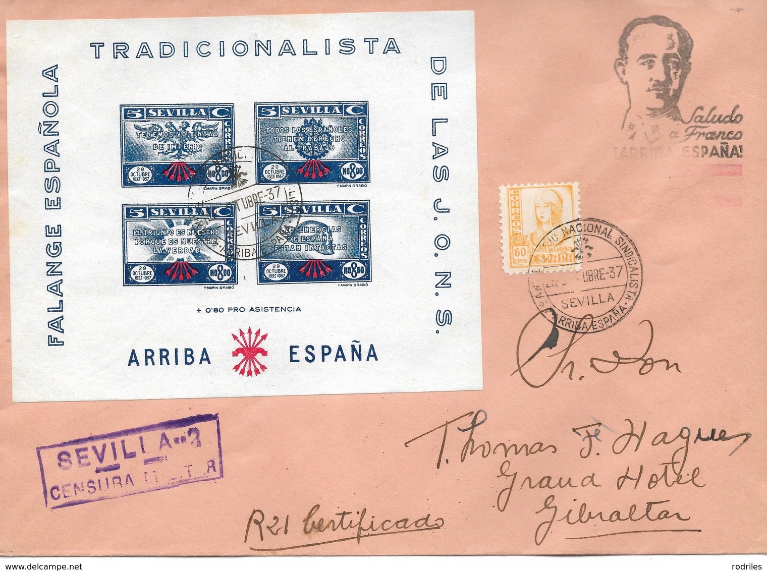 España, 2 Cartas Circuladas Desde Sevilla A Gibraltar Por Correo Certificado Con Hojas Bloques De Falange - Lettres & Documents