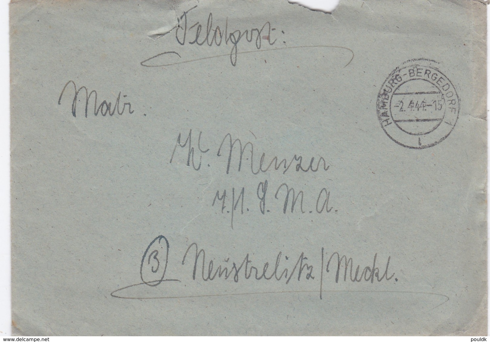 German Feldpost WW2: To 7./. LMA In Neustrelitz/Meckl. P/m Hamburg-Bergedorf 2.4.1944 - Letter Inside  (G99-8) - Militaria