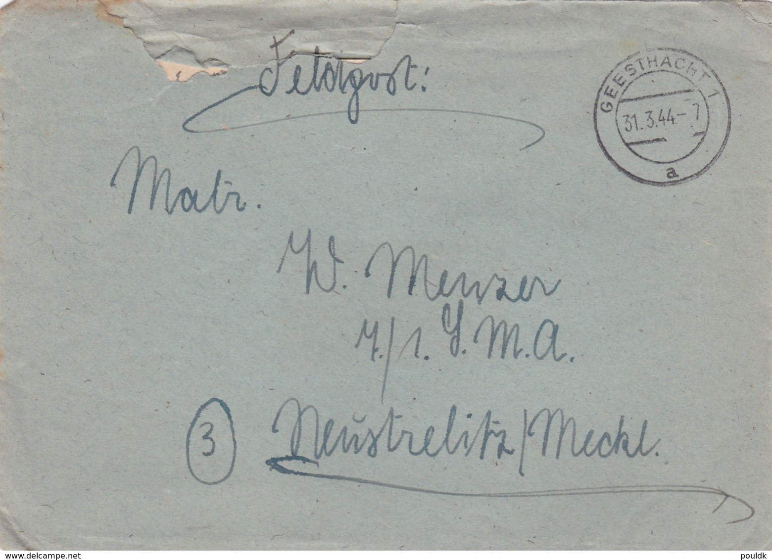 German Feldpost WW2: To 7./. LMA In Neustrelitz/Meckl. P/m Geesthacht 31.3.1944 - Letter Inside  (G99-8) - Militaria