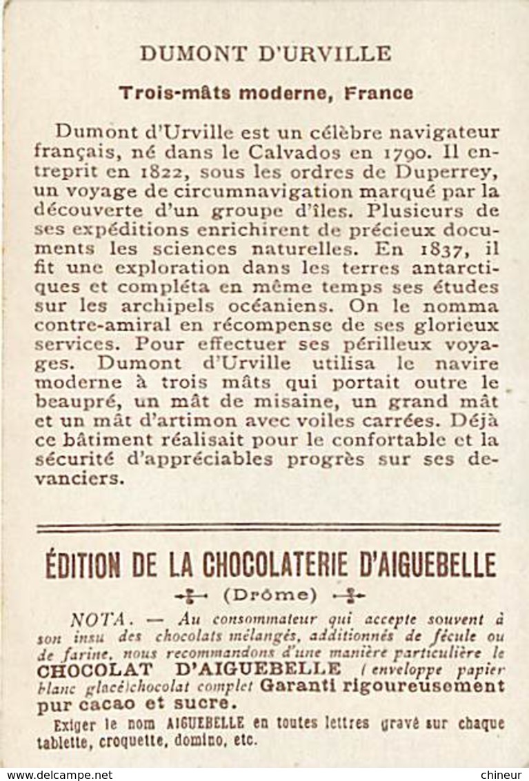 CHROMO CHOCOLAT D'AIGUEBELLE SERIE BATEAUX ET NAVIGATEURS TROIS MATS MODERNE ET DUMONT D'URVILLE - Aiguebelle