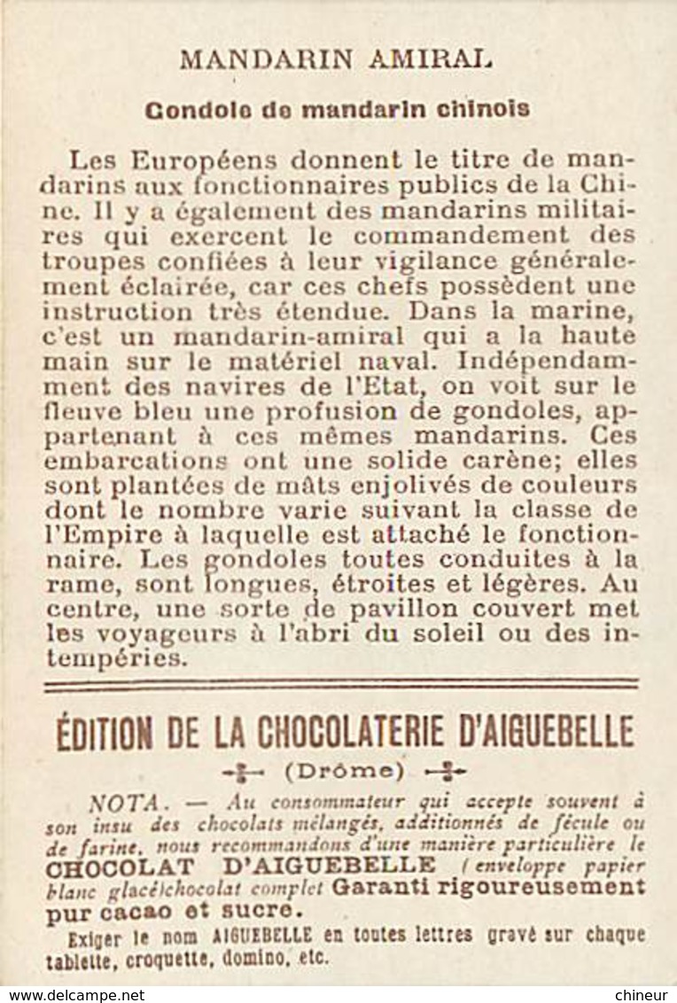 CHROMO CHOCOLAT D'AIGUEBELLE SERIE BATEAUX ET NAVIGATEURS GONDOLE DE MANDARIN ET MANDARIN AMIRAL - Aiguebelle