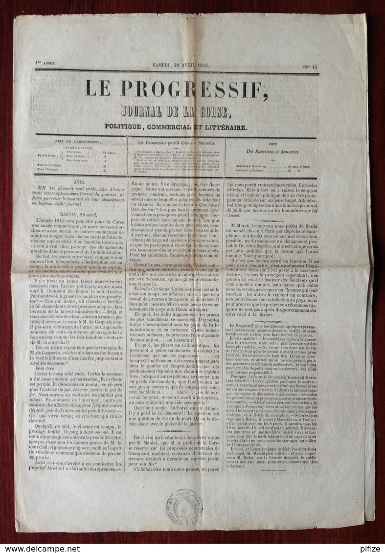 Le Progressif , Journal De La Corse , Politique , Commercial Et Littéraire . 29 Avril 1843 . Bastia . - 1800 - 1849