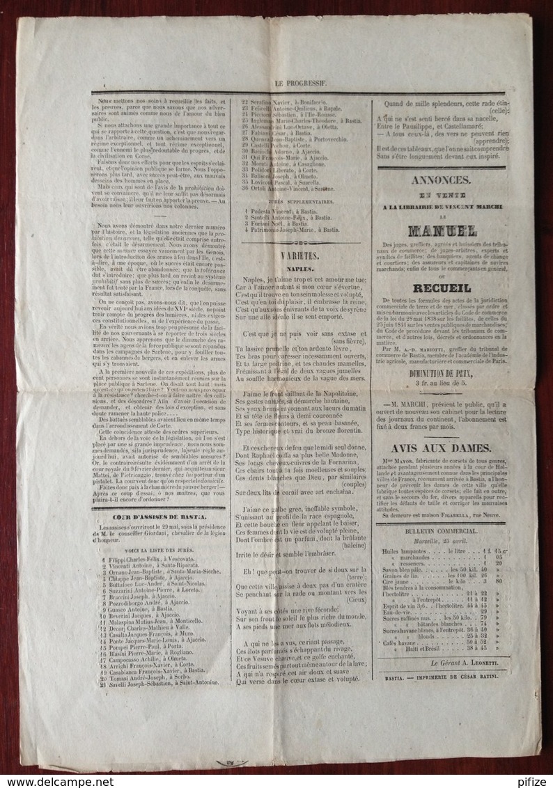 Le Progressif , Journal De La Corse , Politique , Commercial Et Littéraire . 29 Avril 1843 . Bastia . - 1800 - 1849