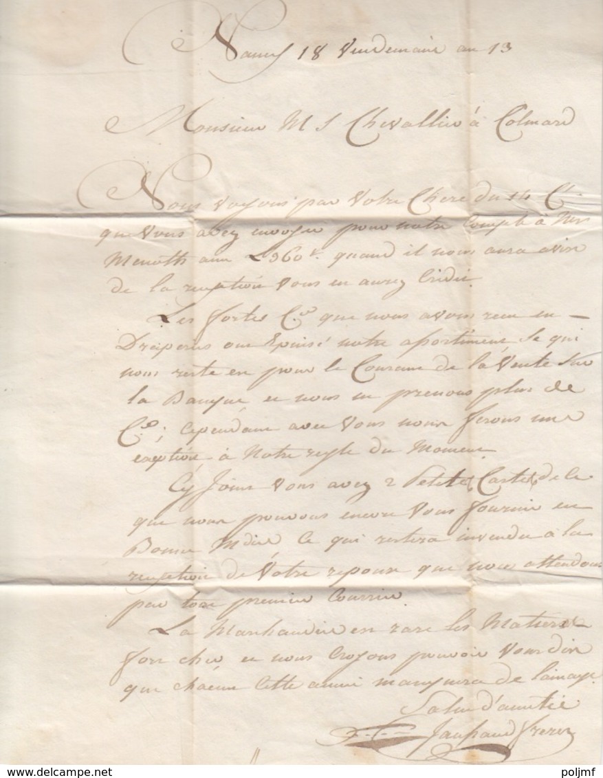 Lettre De Nancy (52 NANCY) Le 18 Vendémiaire An 13 Pour Colmar, Taxe 8 Décimes En Port Dû (échantillons Pesé 15g) - 1849-1876: Classic Period