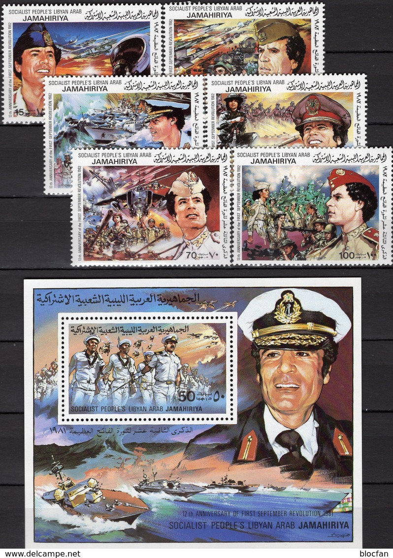 1982 Militär LAR 1047/2+Bl.51 ** 12€ Revolution Flugzeuge Abwehr Schnell-Boote Panzer M/s Hb Military S/s Bf Libyen - Libya