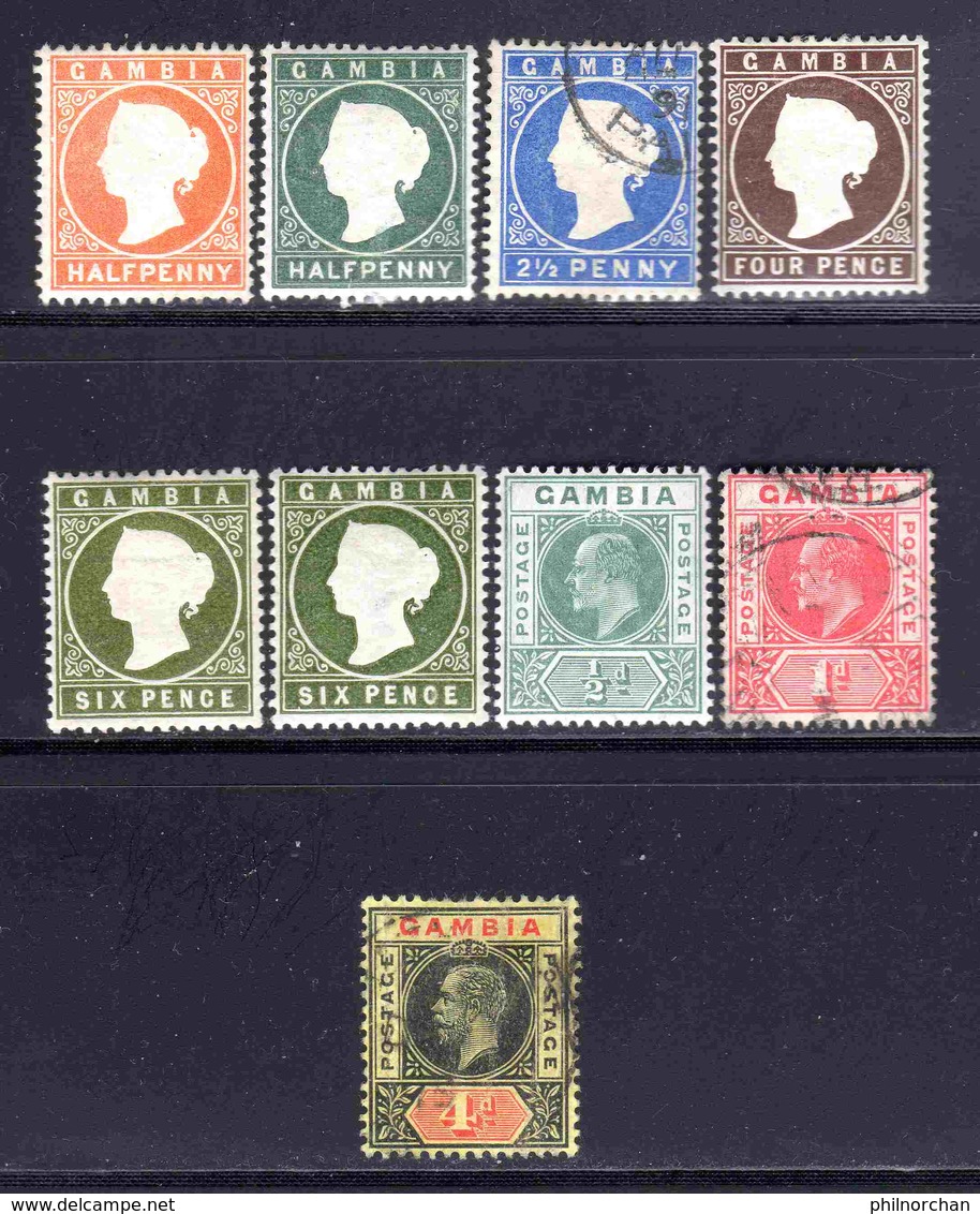 Gambie 1880/1912 Neufs* N°5,12,17,18,18a,40, Obl.  N°15,41,72  B/TB  25 € (cote 147,10 €, 9 Valeurs) - Gambia (...-1964)