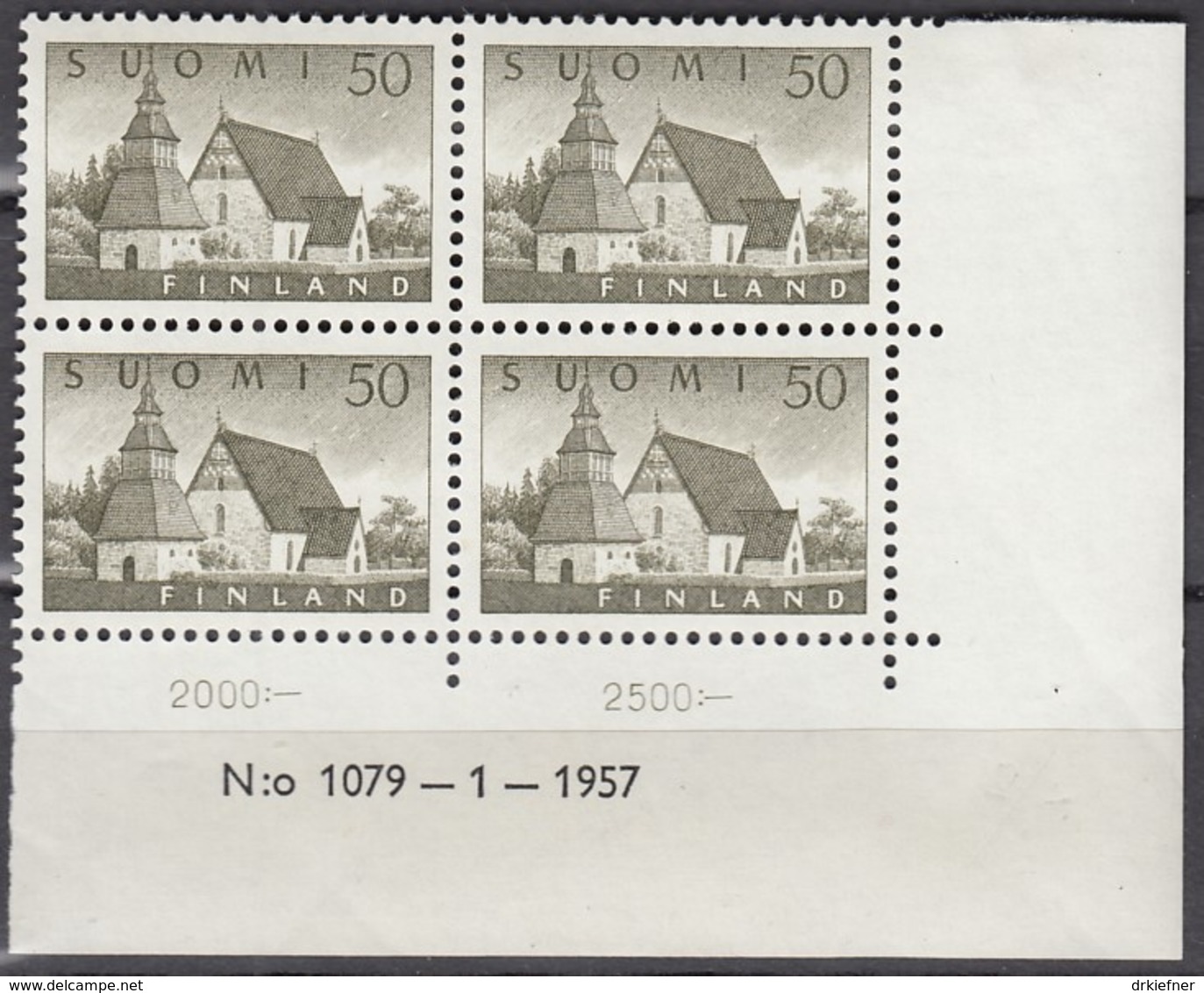 FINNLAND 474, 4erBlock Eckrand Ru Mit Druckdaum, Postfrisch **, Alte Kirche Von Lammi 1957 - Unused Stamps