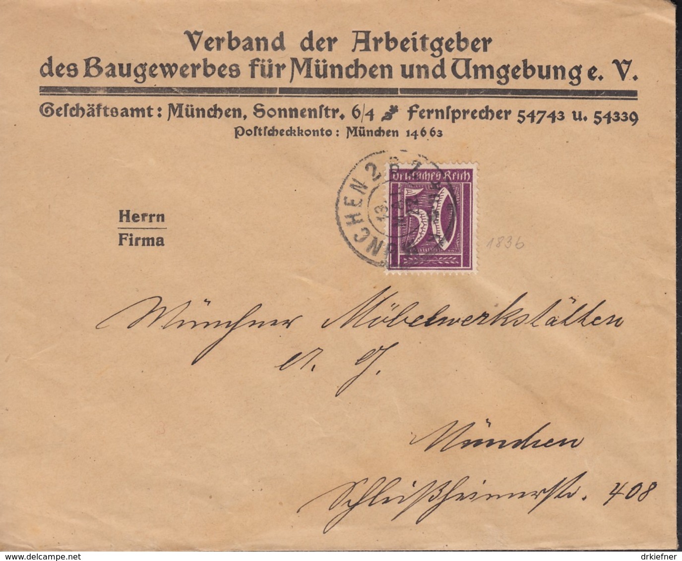 INFLA DR 183 A EF Auf Orts-Brief Des Verbands Der Arbeitgeber Des Baugewerbes Mit Stempel: München 13.MAI 1922 - Sonstige & Ohne Zuordnung