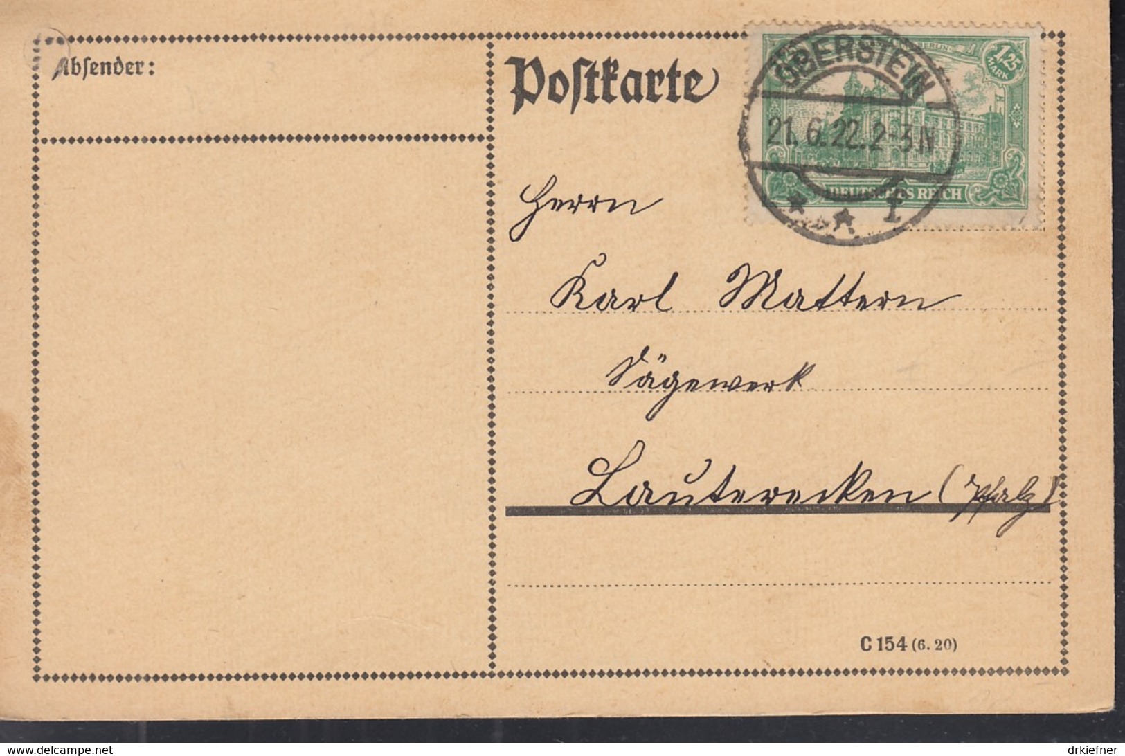 INFLA DR 113 EF Auf Postkarte Mit Stempel: Oberstein 21.6.1922 - Sonstige & Ohne Zuordnung