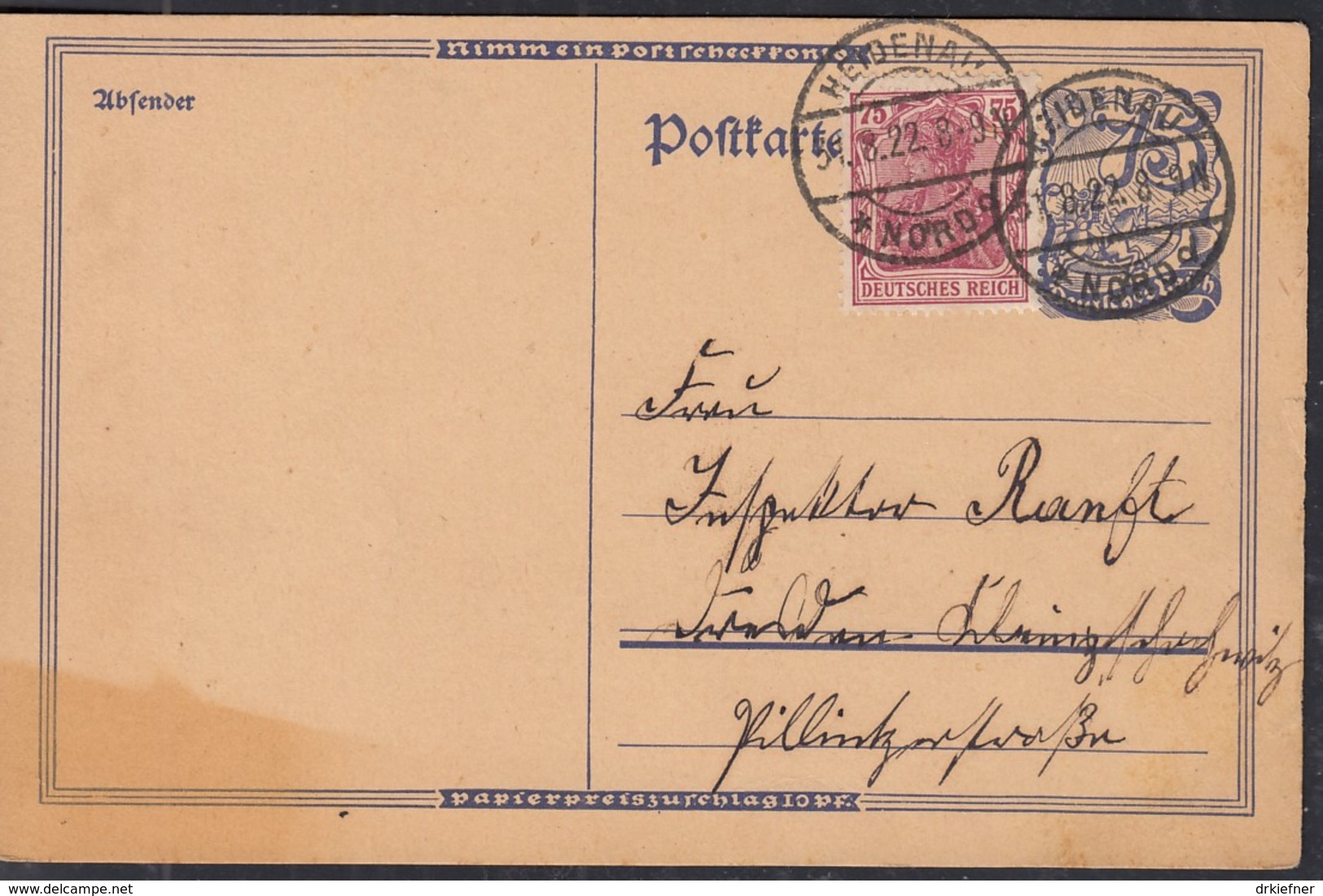 INFLA GA Postreiter, DR P 146 I + ZFr. 148 II, Mit Stempel: Heidenau 31.8.1922 - Sonstige & Ohne Zuordnung