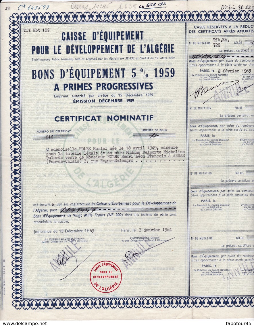 Th5	   ALGERIE : DEVELOPPEMENT : Certificat		1959		N° 32 - Autres & Non Classés