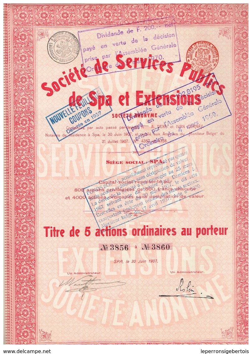 Action Ancienne - Société De Services Publics De Spa Et Extensions - Titre De 1907 - - Electricité & Gaz
