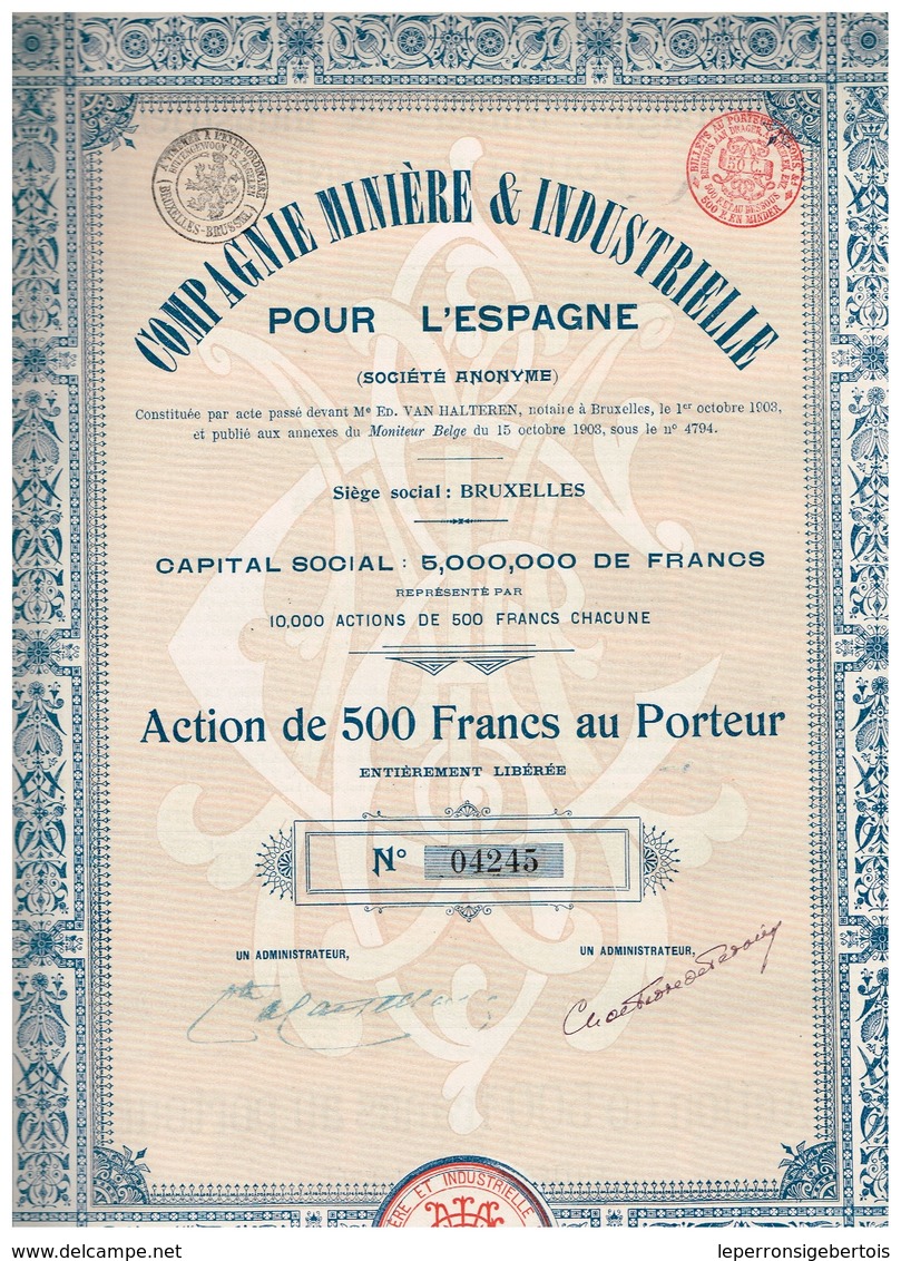 Action Ancienne - Compagnie Minière & Industrielle Pour L'Espagne - Titre De 1903 - - Electricité & Gaz