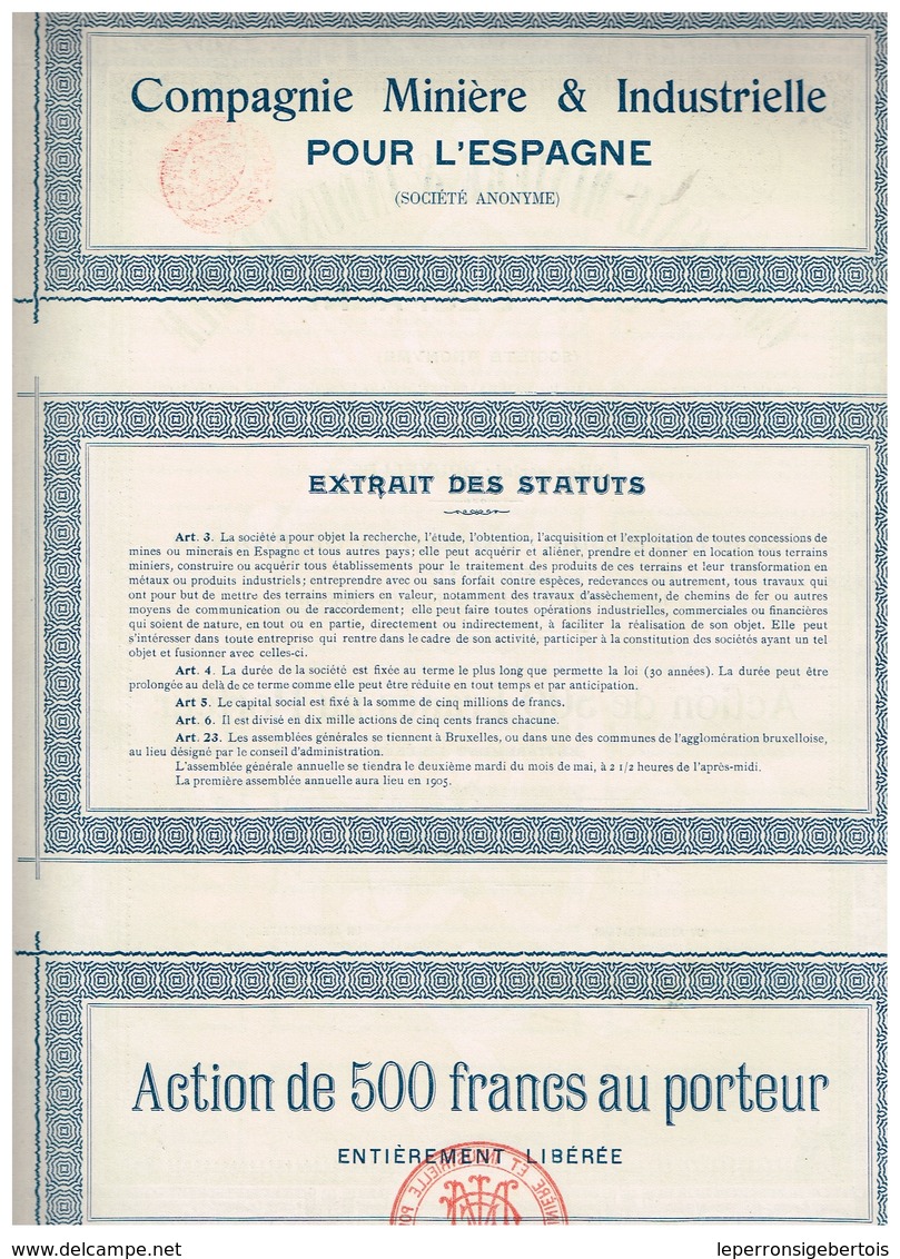 Action Ancienne - Compagnie Minière & Industrielle Pour L'Espagne - Titre De 1903 - - Electricité & Gaz