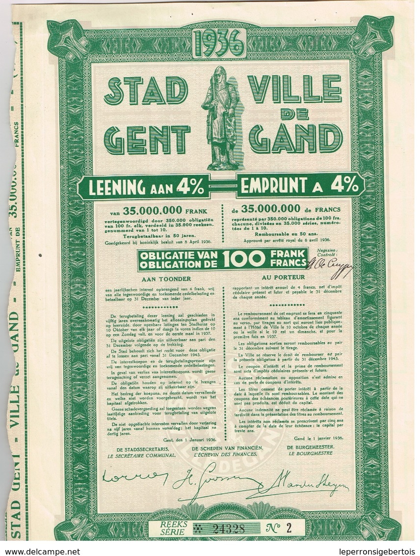 Obligation  Ancienne - Leening Stad Gent 4% 1936 - Emprunt Ville De Gand 4% 1936 - G - I