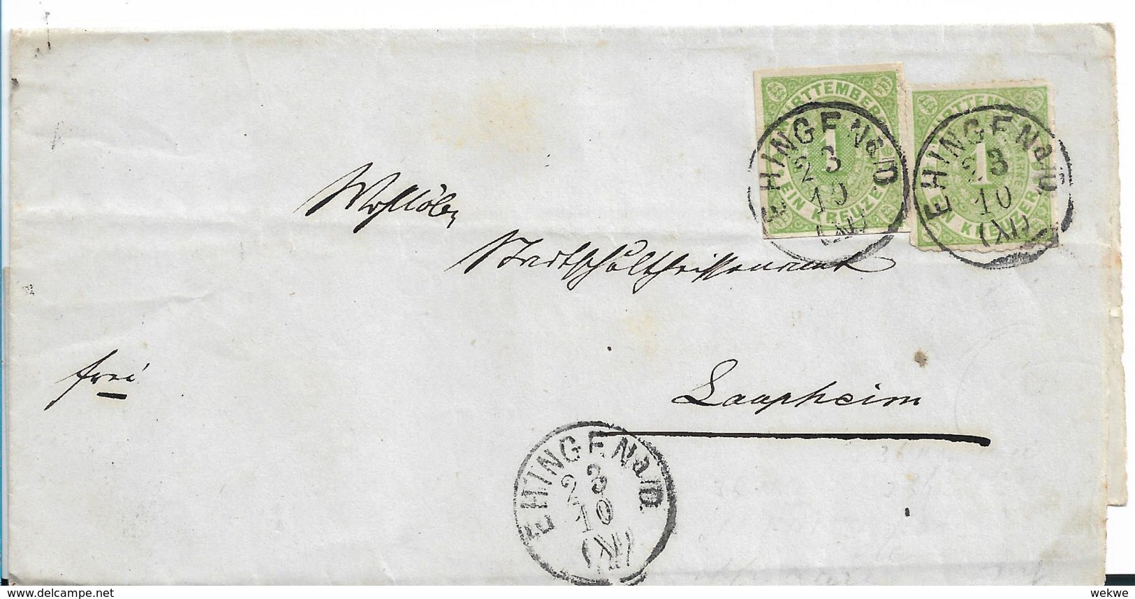 WTB222a / Württemberg, Brief Mit Mi.Nr. 36 (2 X) Zum Nachbarort Laupheim (Sondertarif) - Storia Postale