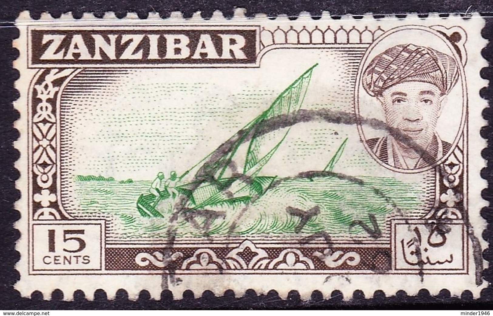 ZANZIBAR 1964 15 Cents Green & Sepia SG375 Fine Used - Zanzibar (...-1963)