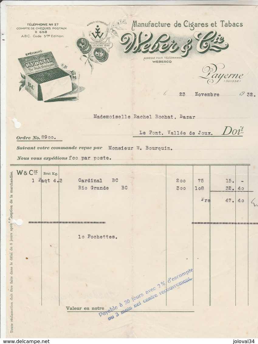 Suisse Facture Illustrée 23/11/1932 WEBER  Cigares   Tabac PAYERNE - Svizzera