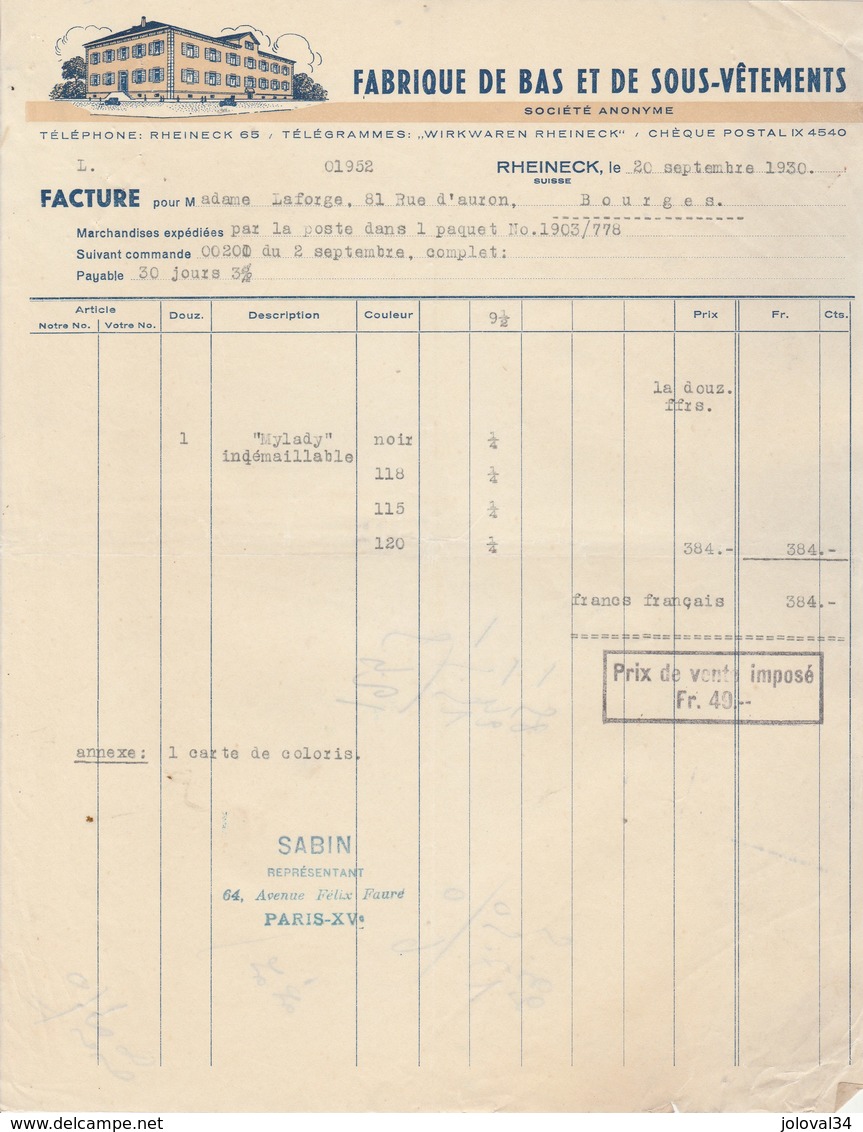 Suisse Facture Illustrée 20/9/1930 SA Fabrique De Bas Et De Sous Vêtements RHEINECK - Switzerland