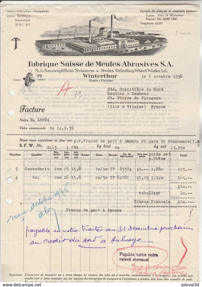 Suisse Facture Illustrée 6/10/1936 Fabrique Suisse De Meules Abrasives WINTERTHUR - Suisse