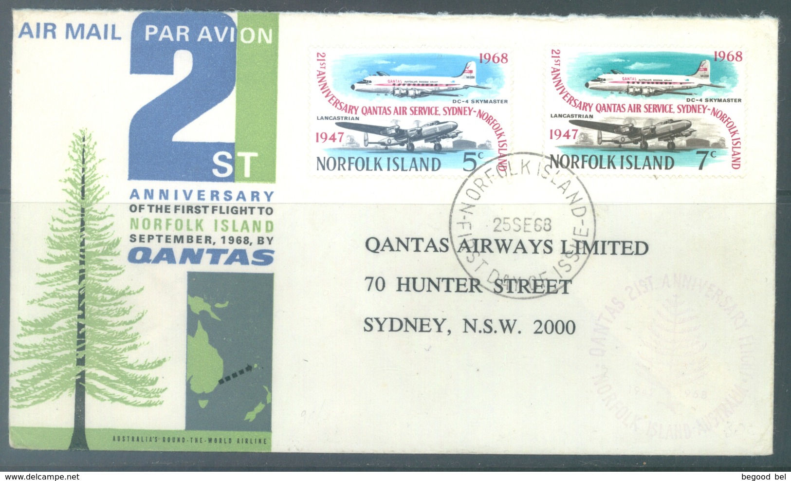 NORFOLK  - 22.9.1968 -  21st ANNIVERSARY FIRST FLIGHT NORFOLK SYDNEY QANTAS - Yv 98-99  - Lot 18911 - Ile Norfolk