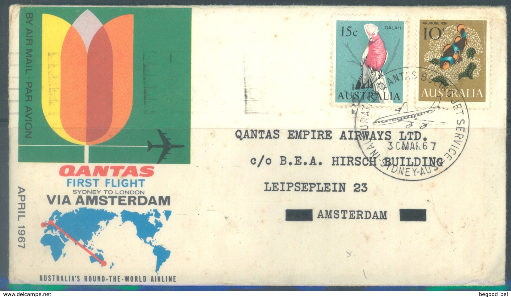 AUSTRALIA  - 30.3.1967 -  FIRST FLIGHT SYDNEY TO LONDON VIA AMSTERDAM QANTAS - Yv 328 330  - Lot 18912 - Premiers Vols