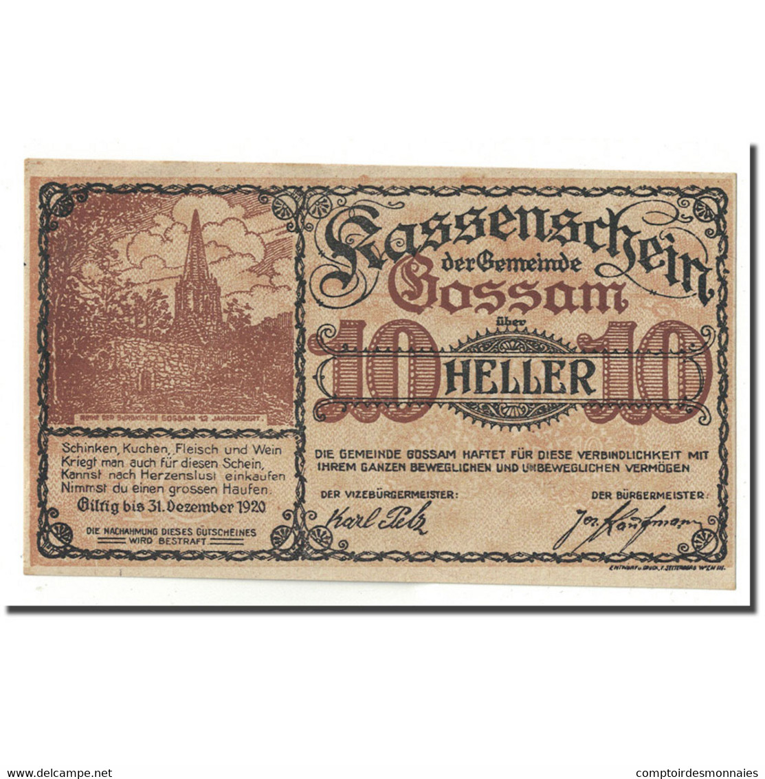 Billet, Autriche, Gossam, 10 Heller, Eglise, SPL, Mehl:FS 252b - Oesterreich