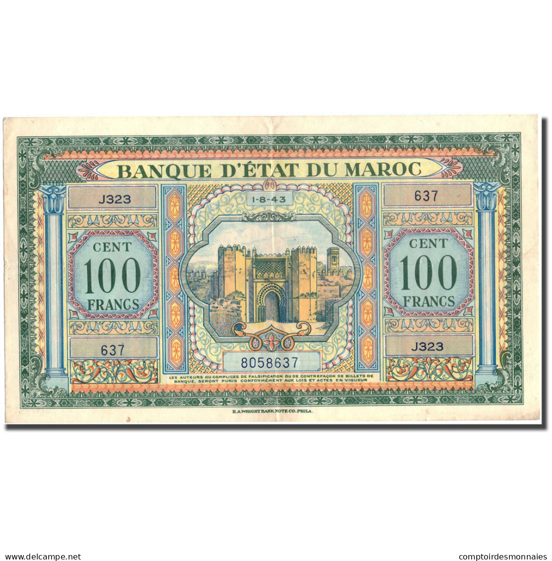 Billet, Maroc, 100 Francs, 1943, 1943-08-01, KM:27A, TTB+ - Morocco