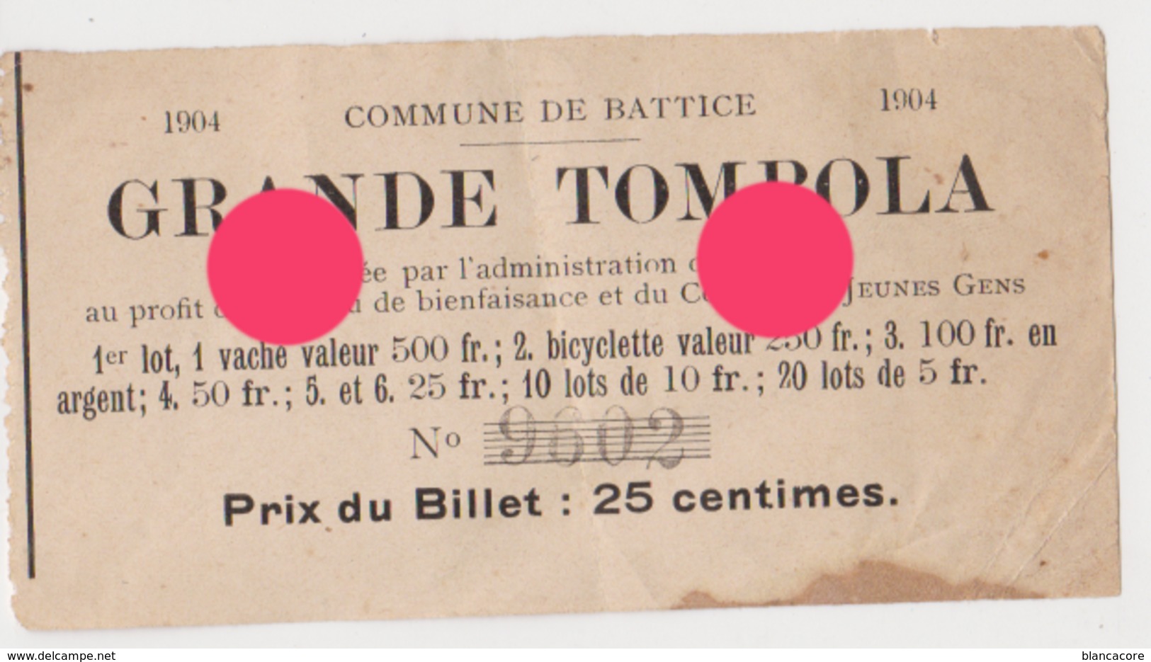 BATTICE 1903  1904 & 1905  Billet De Tombola Réunion De 3 Billets  / RARE - Biglietti Della Lotteria