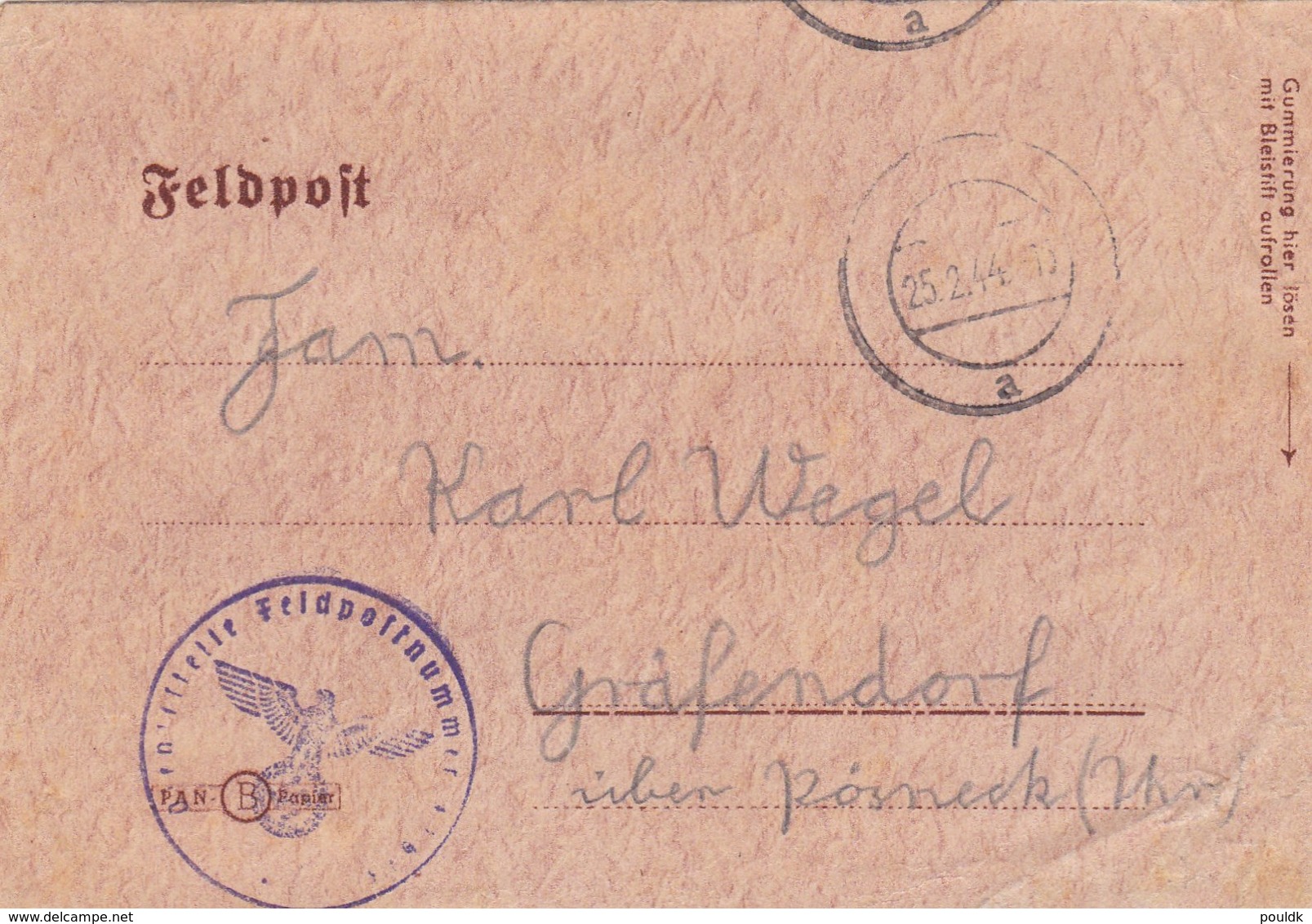 German Feldpost WW2: From Mlawa, Poland - Panzer Grenadier Bataillon 8 In Mielau Nord P/m 25.2.1944 - Letter - Militaria