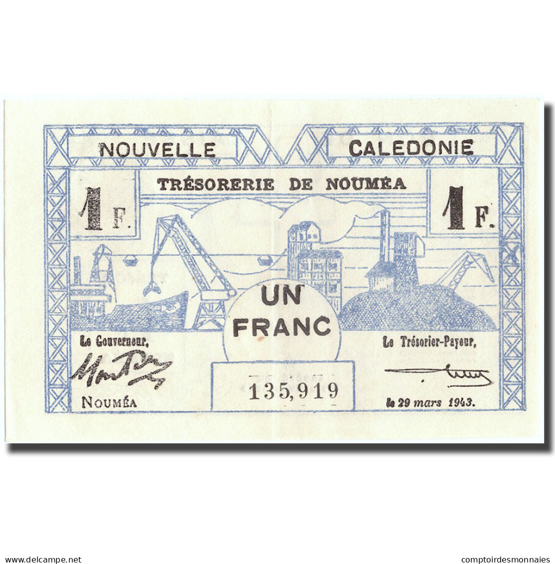 Billet, Nouvelle-Calédonie, 1 Franc, 1943, 1943-03-29, KM:55a, SUP+ - Nouméa (New Caledonia 1873-1985)