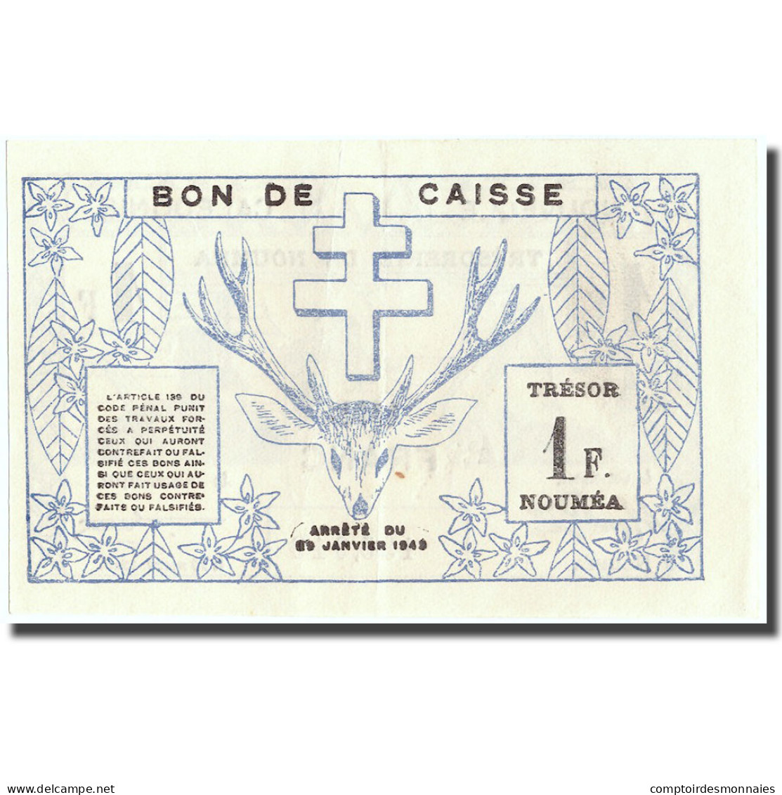 Billet, Nouvelle-Calédonie, 1 Franc, 1943, 1943-03-29, KM:55a, SUP+ - Nouméa (Neukaledonien 1873-1985)