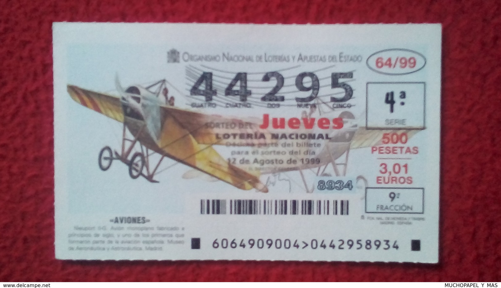 SPAIN DÉCIMO DE LOTERÍA LOTTERY LOTERIE AVIÓN AVIONES AIR PLANE AIRPLANE AVIACIÓN AVIATION NIEUPORT  II-G VER FOTO Y DES - Billetes De Lotería