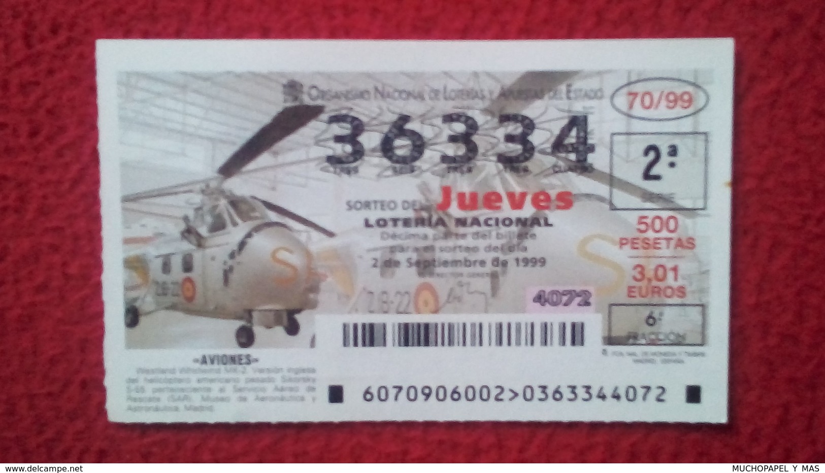 SPAIN DÉCIMO DE LOTERÍA LOTTERY LOTERIE AVIÓN AVIONES AIR PLANE AIRPLANE AVIACIÓN AVIATION WESTLAND WHIRLWIND MK-2 VER F - Billetes De Lotería