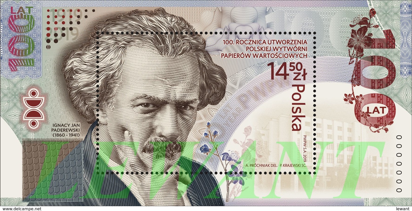 2019.01.25.100th Anniversary Of The Creation Of The Polish Security Printing Works - I. J. Paderewski - Block MNH - Unused Stamps