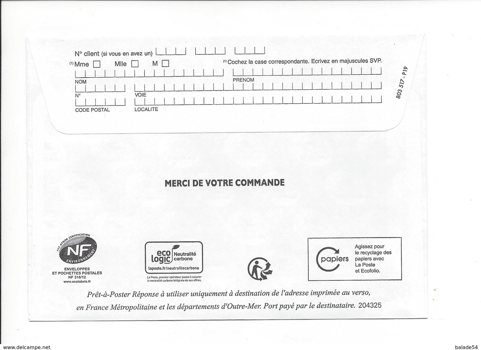 Enveloppe POSTREPONSE PRIO 20g - SEDAGYL - Numéro 204325 (nouvelle Marianne L'engagée) - PAP : Risposta