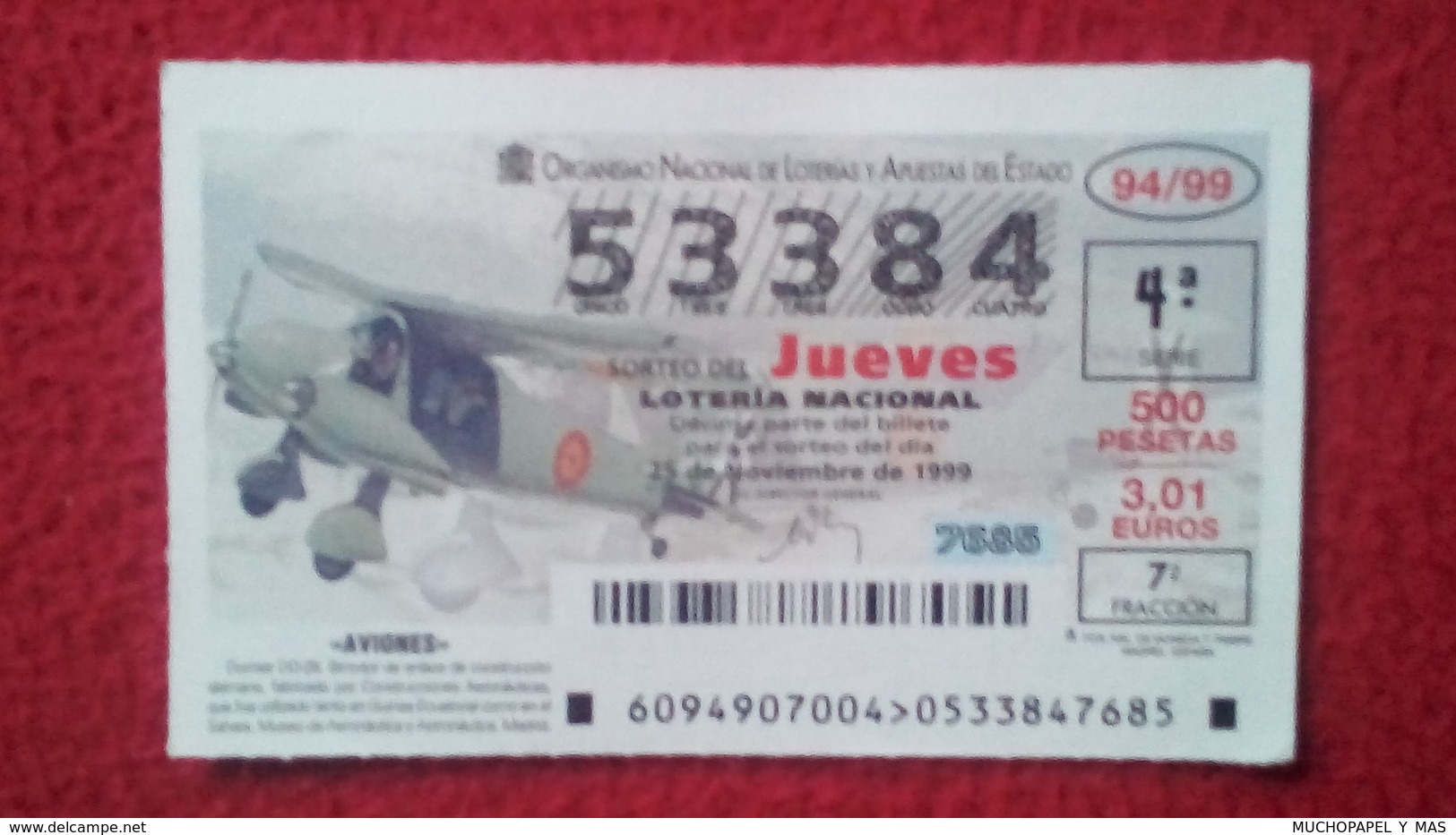 SPAIN DÉCIMO DE LOTERÍA LOTTERY LOTERIE AVIÓN AVIONES AIR PLANE AIRPLANE AVIACIÓN AVIATION DORNIER DO-28 BIMOTOR ENLACE - Billetes De Lotería