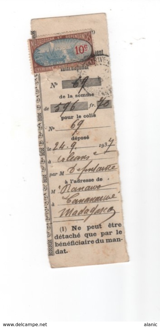 Madagascar -SUR COUPON DE MANDAT --TIMBRE D'ENREGISTREMENT 10 C -24/09/1937 - Autres & Non Classés