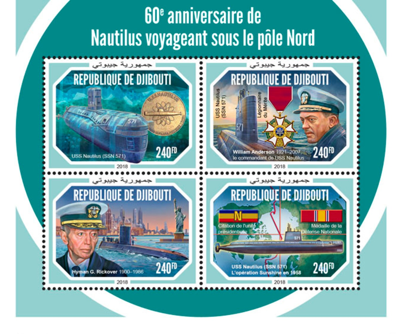 Djibouti 2018 Nautilus Traveling North Pole Submarine Rickover Anderson Statue Of Liberty S/S DJB18611 - Other & Unclassified